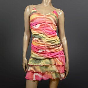 Y2K Ruffled Mesh Mini Dress Size s Colorful Fairy Rave Festival Boho Sleeveless
